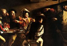 Caravaggio - "The Calling of Saint Matthew" (cropped) - public domain via Wikimedia Commons