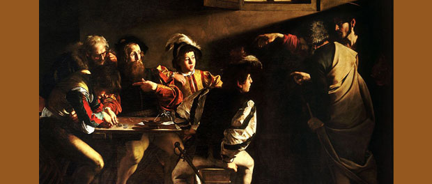 Caravaggio - "The Calling of Saint Matthew" (cropped) - public domain via Wikimedia Commons