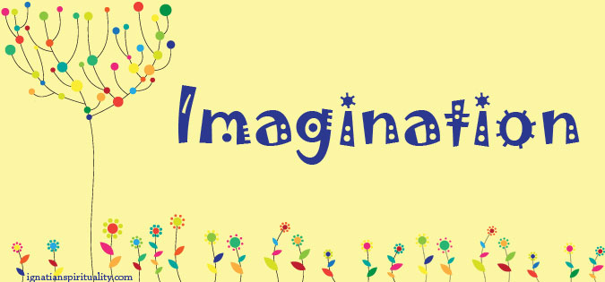 word imagination on background of flowers