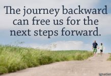 "The journey backward can free us for the next steps forward. " - quote over picture of people walking on road