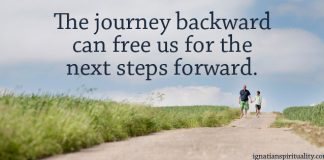 "The journey backward can free us for the next steps forward. " - quote over picture of people walking on road