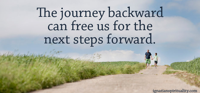 "The journey backward can free us for the next steps forward. " - quote over picture of people walking on road