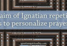 "The aim of Ignatian repetition is to personalize prayer." - quote on repeating pattern background
