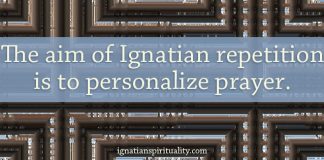 "The aim of Ignatian repetition is to personalize prayer." - quote on repeating pattern background