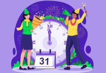 illustration of New Year celebration with clock at midnight - agny_illustration/Shutterstock.com