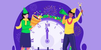 illustration of New Year celebration with clock at midnight - agny_illustration/Shutterstock.com