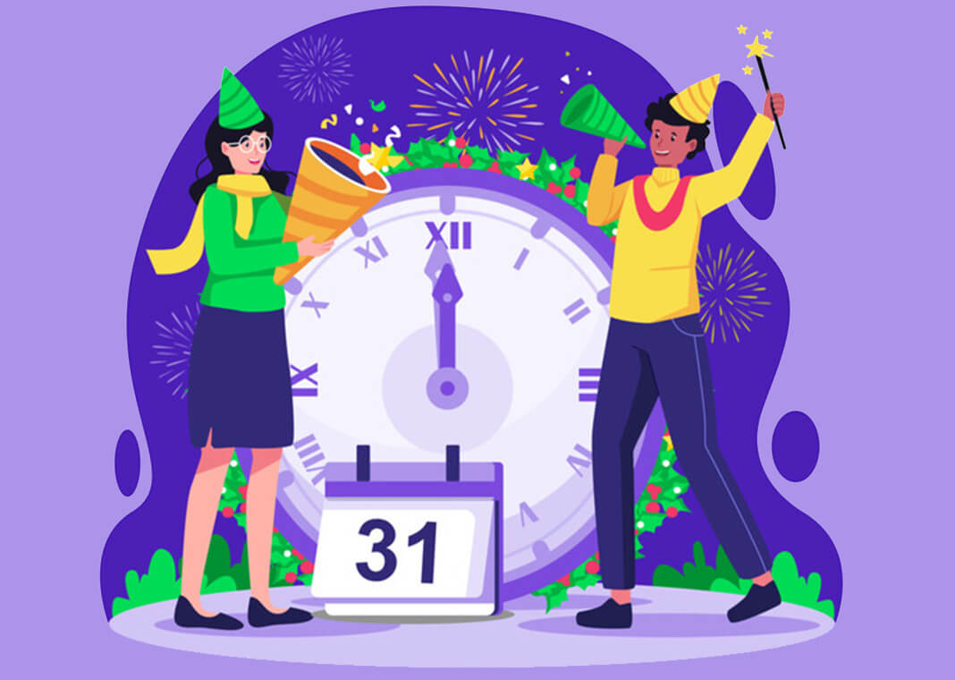 illustration of New Year celebration with clock at midnight - agny_illustration/Shutterstock.com