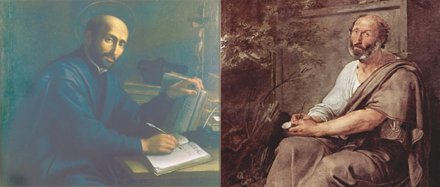 St. Ignatius on left and Aristotle on right