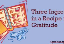 recipe book with article title, "Three Ingredients in a Recipe for Gratitude"
