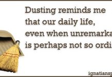 dustpan and quote: "Dusting reminds me that our daily life, even when unremarkable, is perhaps not so ordinary."