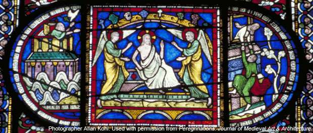 Canterbury Cathedral, detail of Redemption Window (center), Corona Chapel, East End Corona I, detail of the Resurrection of Christ, Gothic stained glass, c. 1200–1207, England. Image: Photographer Allan Kohl. Used with permission from Peregrinations: Journal of Medieval Art & Architecture.