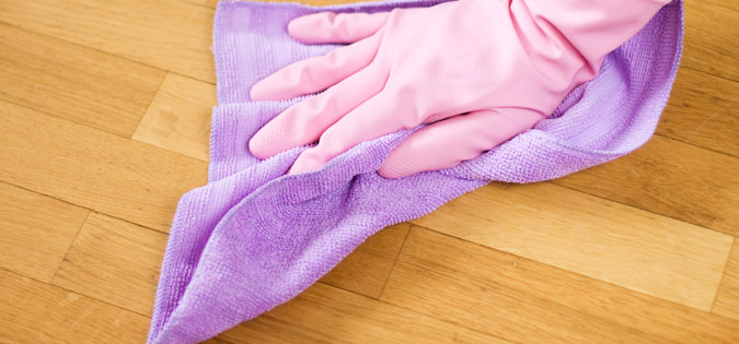 gloved hand cleaning house