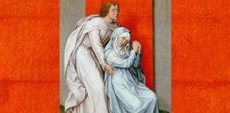 "The Crucifixion, with the Virgin and Saint John the Evangelist Mourning" by Rogier van der Weyden (cropped)