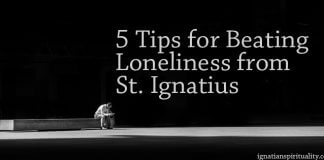 5 Tips for Beating Loneliness from St. Ignatius - words next to lonely man on bench