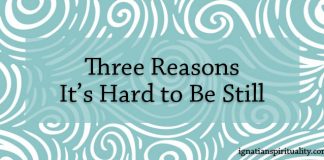 Three Reasons It's Hard to Be Still - text on background of green swirls