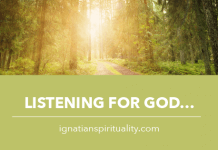 light shining through forest - text: Listening for God