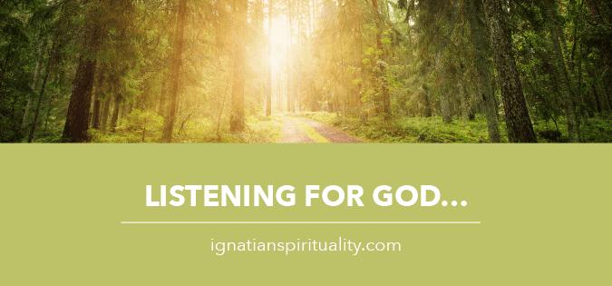light shining through forest - text: Listening for God