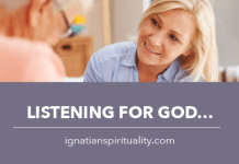 two people in conversation - text: Listening for God