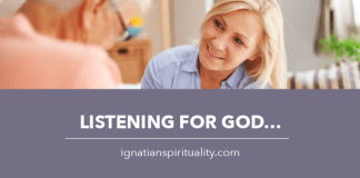 two people in conversation - text: Listening for God