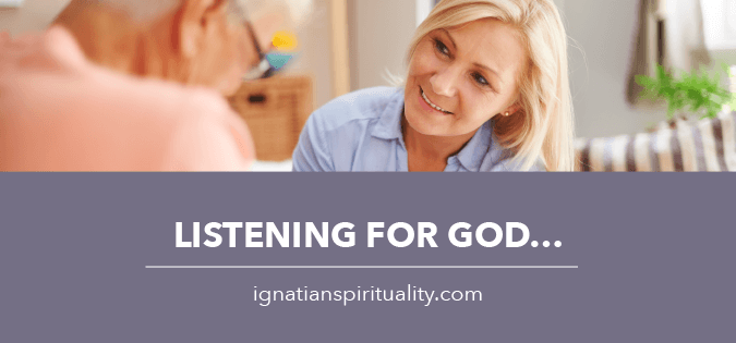 two people in conversation - text: Listening for God