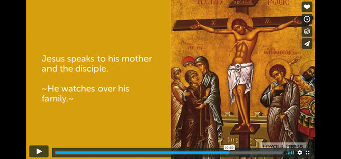 Video screenshot from "How Jesus Responds to Suffering as Demonstrated in the Scriptural Stations of the Cross" showing icon of Crucifixion