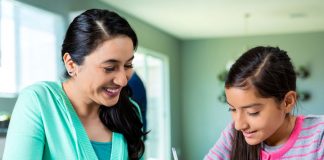 mother and daughter working on homework