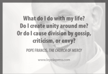 "What do I do with my life? Do I create unity around me? Or do I cause division by gossip, criticism, or envy?" - Pope Francis in "The Church of Mercy"