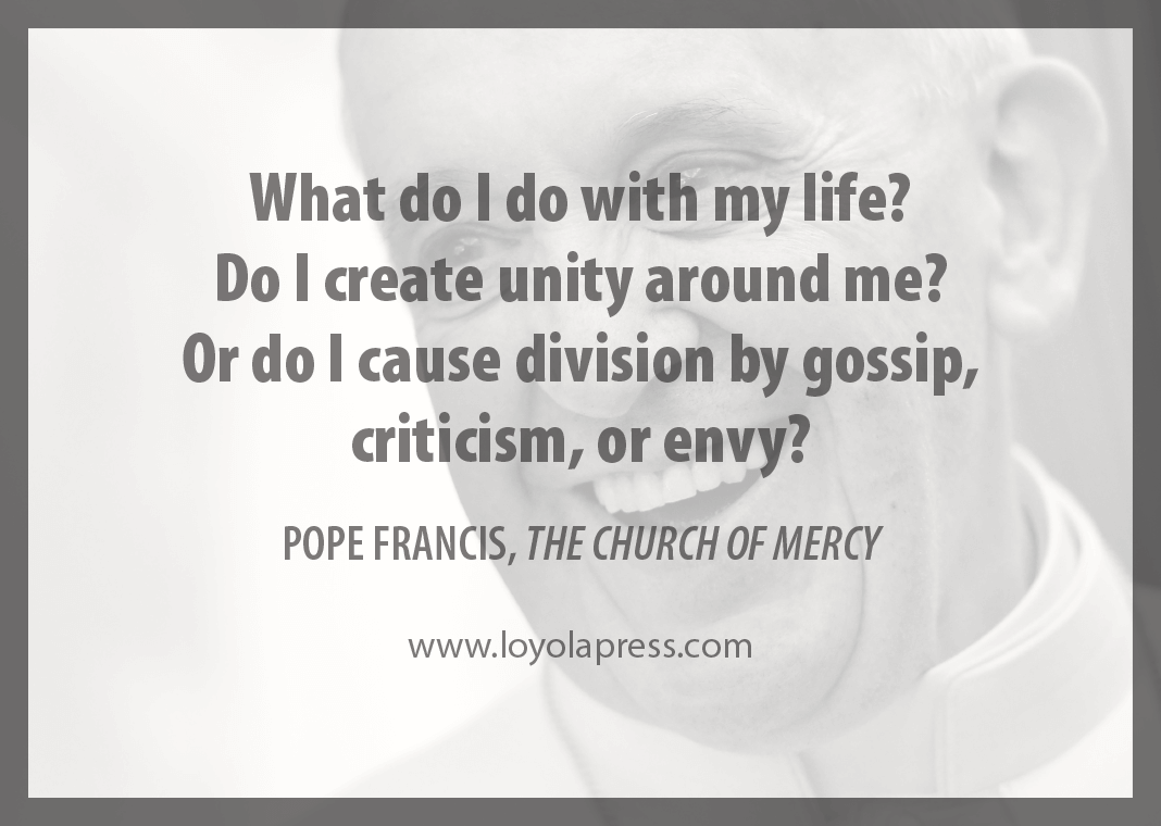 "What do I do with my life? Do I create unity around me? Or do I cause division by gossip, criticism, or envy?" - Pope Francis in "The Church of Mercy"