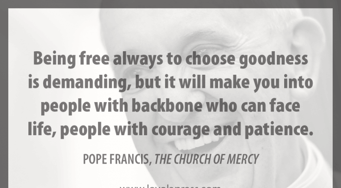 "Being free always to choose goodness is demanding, but it will make you into people with backbone who can face life, people with courage and patience." - Pope Francis in "The Church of Mercy"
