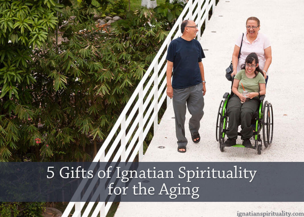 5 Gifts of Ignatian Spirituality for the Aging - text over image of people walking on bridge