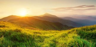 mountains in the sun with grassy field in forefront