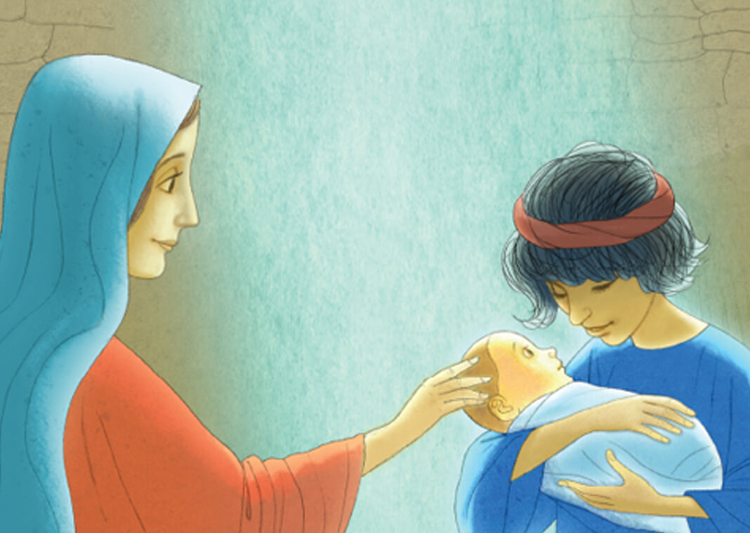 Mary and Shepherd holding baby Jesus - spread from "The Shepherd's Story" from Loyola Press