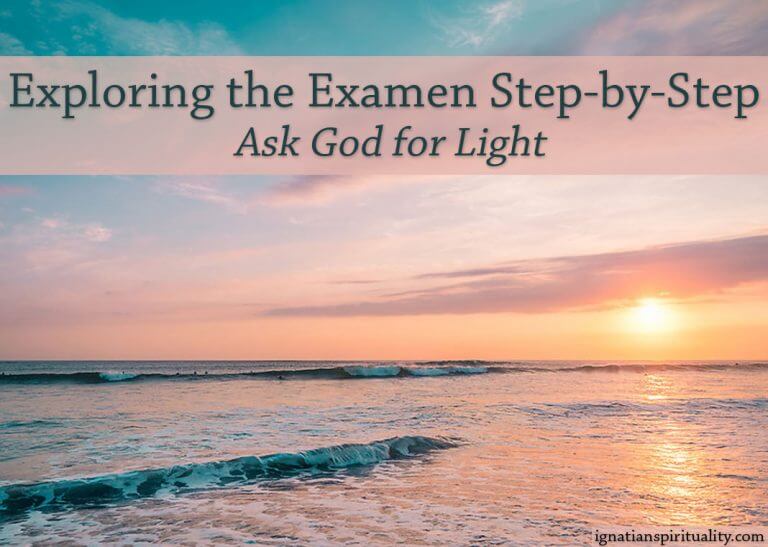 sunrise over water - Iriskarightnow/Shutterstock.com - text: Exploring the Examen Step-by-Step: Ask God for Light