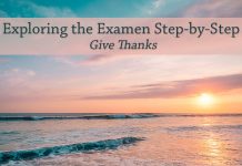 sunrise over water - text: Exploring the Examen Step-by-Step: Give Thanks