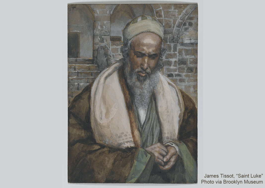 James Tissot (French, 1836-1902). Saint Luke (Saint Luc), 1886-1894. Opaque watercolor over graphite on gray wove paper, Image: 5 7/16 x 3 15/16 in. (13.8 x 10 cm). Brooklyn Museum, Purchased by public subscription, 00.159.207 (Photo: Brooklyn Museum, 00.159.207_PS2.jpg)
