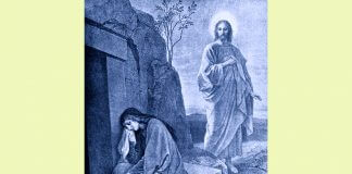 Mary Magdalene at tomb with Jesus behind her