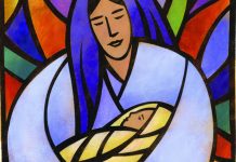 stained glass Mary holding baby Jesus