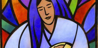 stained glass Mary holding baby Jesus