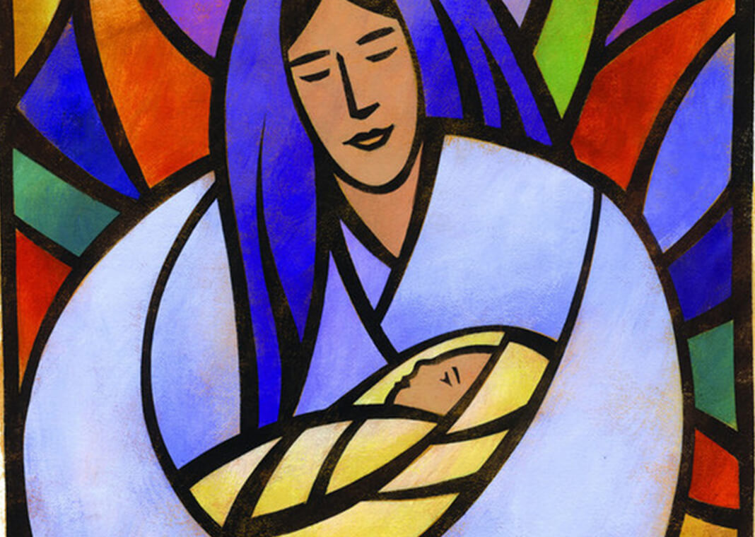 stained glass Mary holding baby Jesus