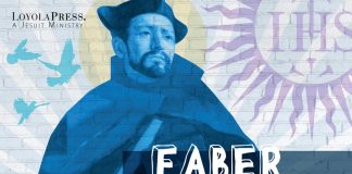 Faber Friday - text over image of Peter Faber as seen on Peter Faber: A Saint for Turbulent Times cover - book by Jon M. Sweeney