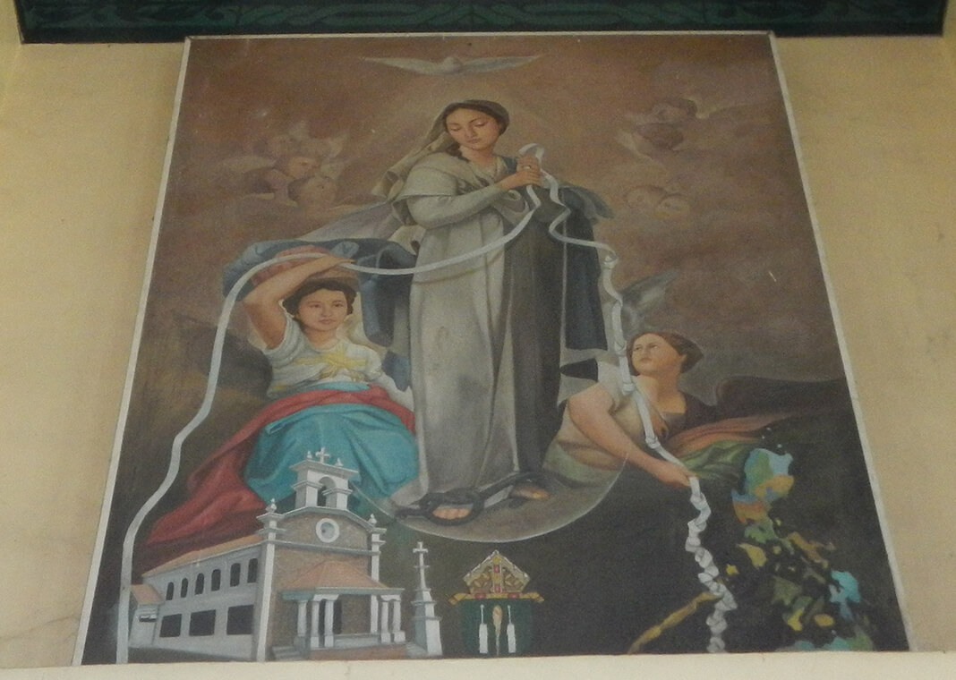"Mary, Untier of Knots" in Expiatory Chapel (Parsolingan, Gerona, Tarlac), public domain, via Wikimedia Commons