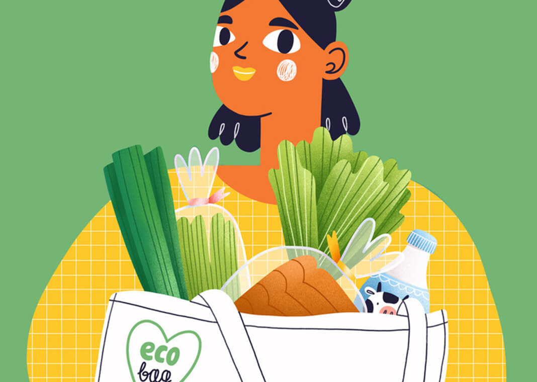 illustration of woman with eco-friendly shopping bag of food - by stolenpencil/iStock/Getty Images