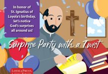 Surprise Party with a Twist for St. Ignatius of Loyola - illustration of St. Ignatius sitting at his desk