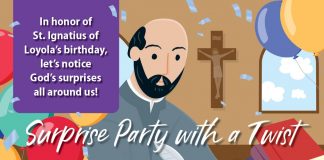 Surprise Party with a Twist for St. Ignatius of Loyola - illustration of St. Ignatius sitting at his desk