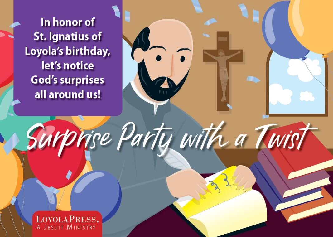 Surprise Party with a Twist for St. Ignatius of Loyola - illustration of St. Ignatius sitting at his desk