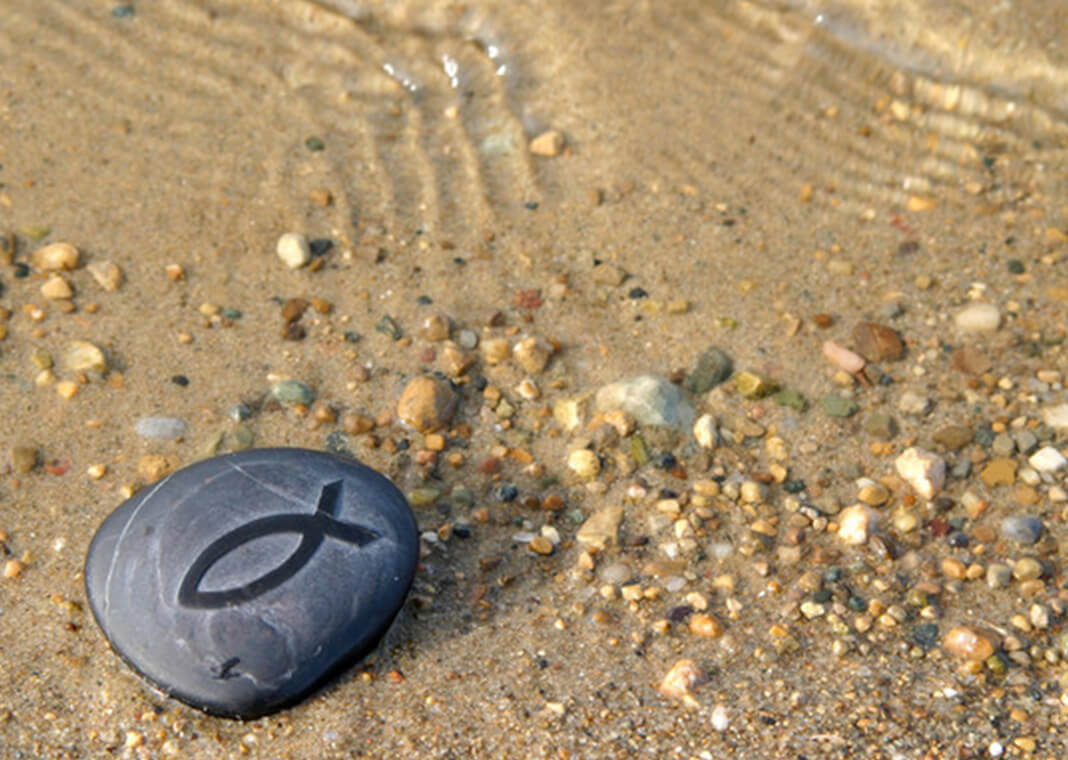 smooth stone with fish symbol on beach - Julie Hagan/Shutterstock.com