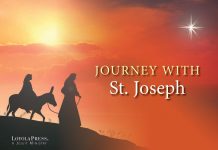 Journey with St. Joseph - text next to image of Joseph leading Mary to Bethlehem