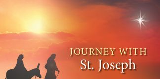 Journey with St. Joseph - text next to image of Joseph leading Mary to Bethlehem