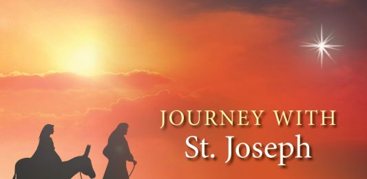 Journey with St. Joseph - text next to image of Joseph leading Mary to Bethlehem