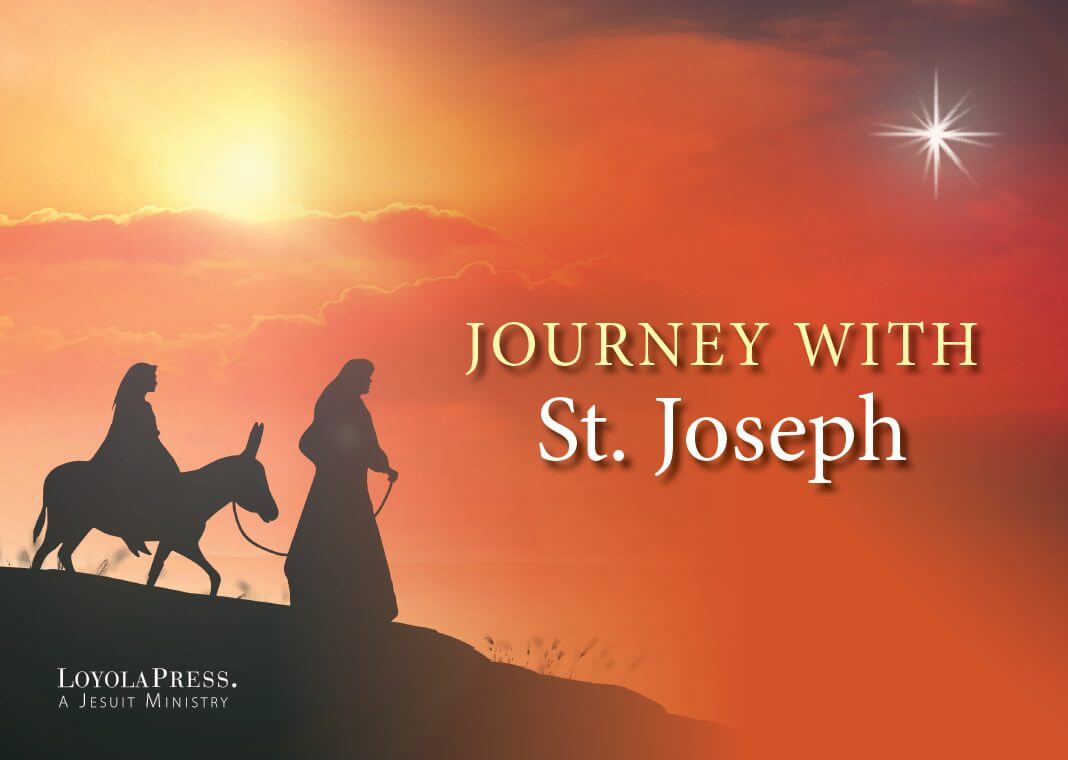 Journey with St. Joseph - text next to image of Joseph leading Mary to Bethlehem